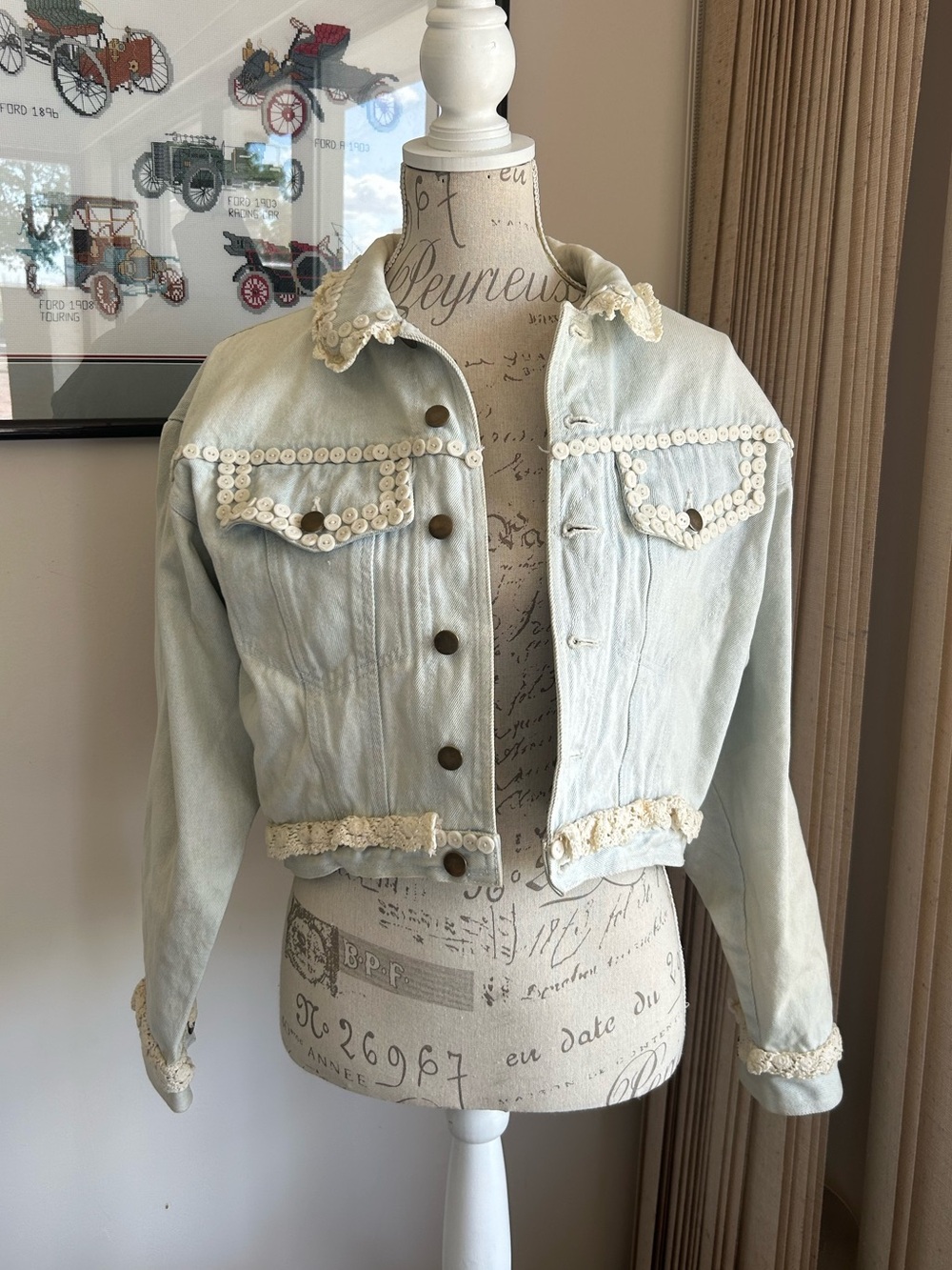 Women's Light Wash Denim Jacket with Lace Trim